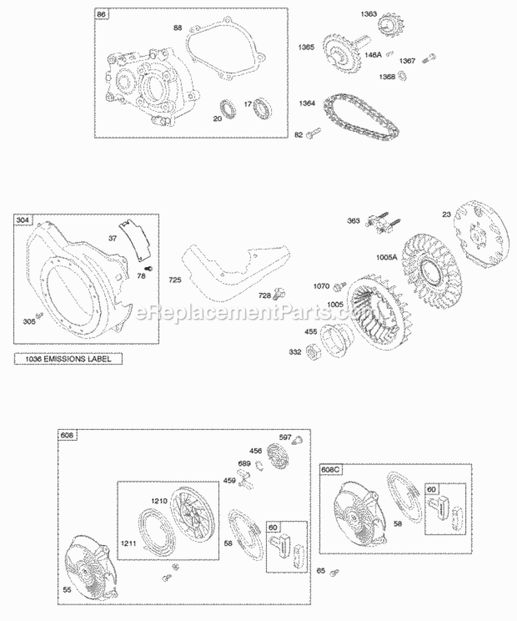 Blower Housing Flywheel Gear Reduction Rewind Starter Diagram and Parts List for 122232-0152-E8  Briggs and Stratton Engine